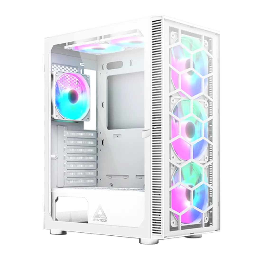 Montech X3 Glass White - 3x 140mm static RGB fans + 3x 120mm static RGB fans, Side Swivel Tempered Glass