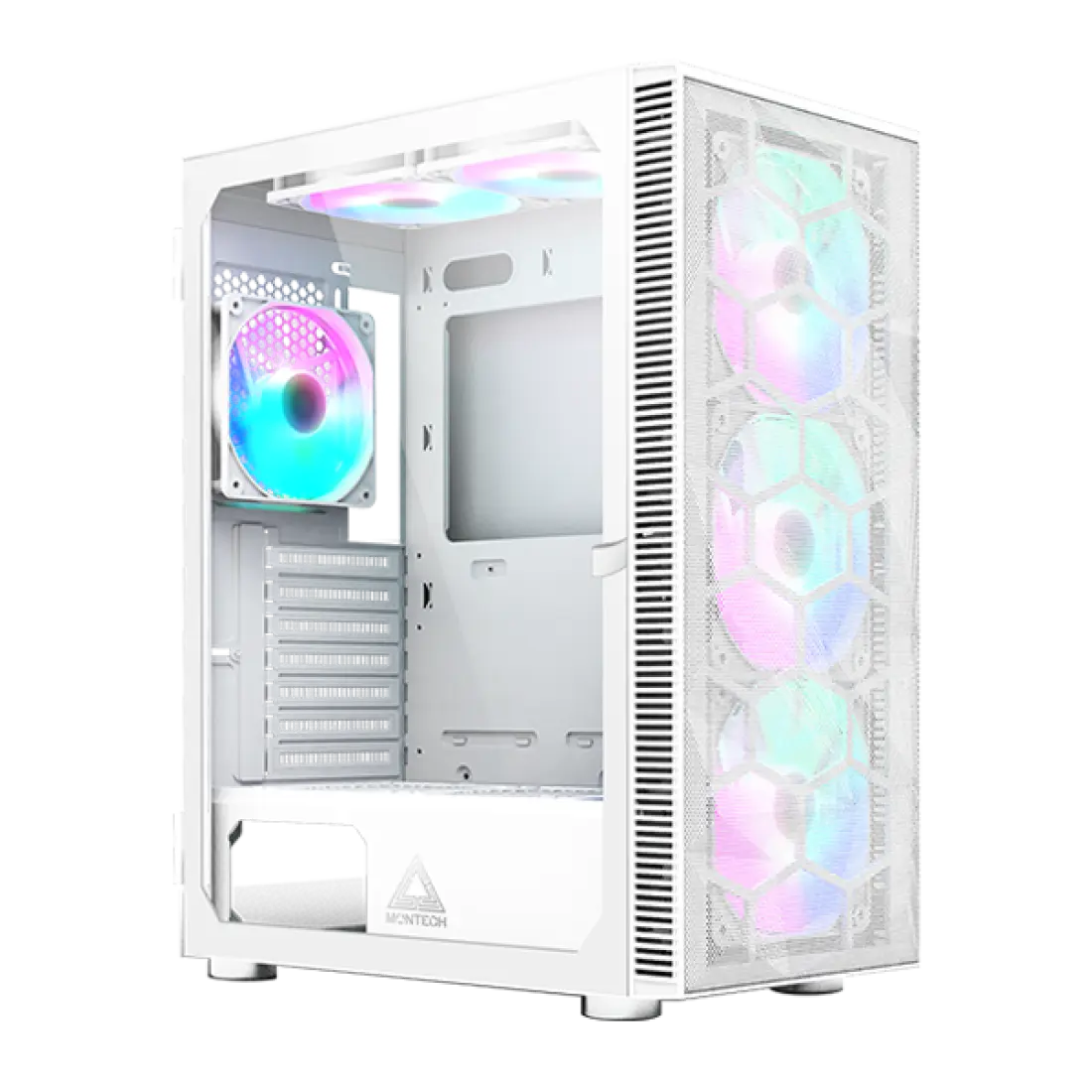 Montech X3 Mesh White - 3x 140mm static RGB fans + 3x 120mm static RGB fans, Side Swivel Tempered Glass