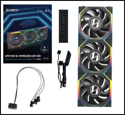 Lian Li UNI FAN SL Trådløs LCD, 3-pak, Sort - 120 mm