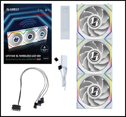 Lian Li UNI FAN SL Trådløs LCD Reverse, 3-pak, Hvid - 120 mm