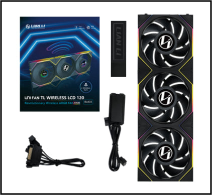 Lian Li UNI FAN TL Trådløs LCD, 3-pak, Sort - 120 mm